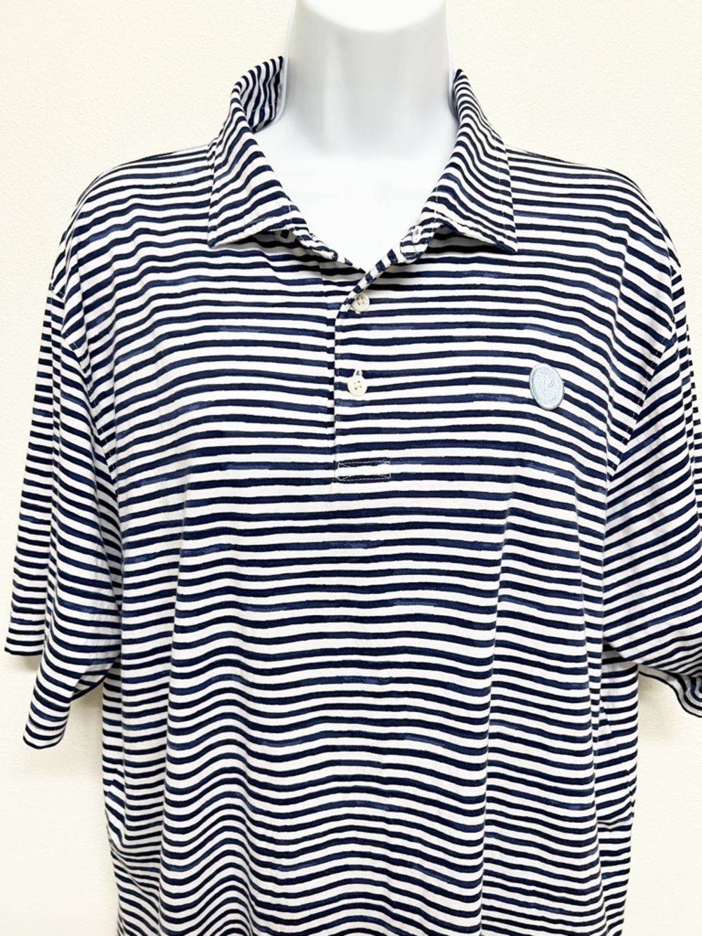 B Draddy Mens Navy White Striped Short Sleeve Polo Shirt Size L - Picture 2 of 11